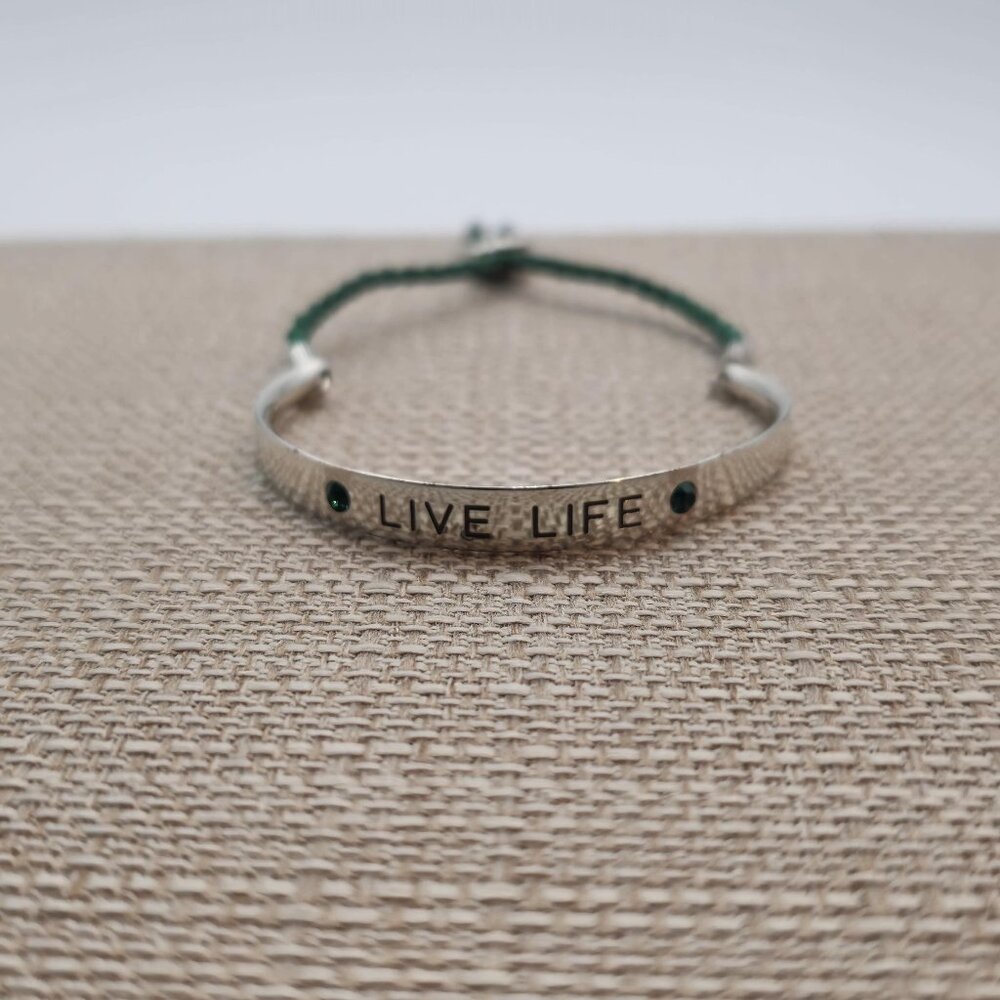 7 Inch Sterling Silver Live Life Green Crystal Adjustable Bracelet B340